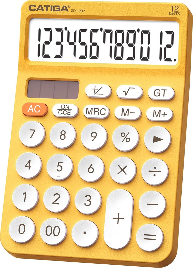 CATIGA 12 Digit Desktop Calculator Basic Desk Calculator with Large LCD Display, Big Buttons, 4 Function, Solar and Battery Dual Power, for Office, School, Home, SD-1292 Yellow - Image 1